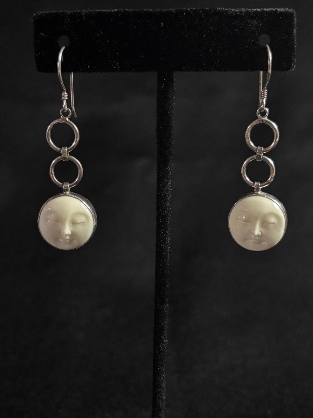 Silver 925 Cream Full Moon Face Goddess Hooks And Linked Rings Dangle Earrings - Picture 5 of 7